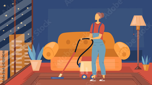 Cleaning Company Concept. Interior of Fashion Apartment With Cleaning Staff Female Character With Tools For Professional Cleaning. Happy Woman Do Job at the Workplace. Flat Style. Vector Illustration