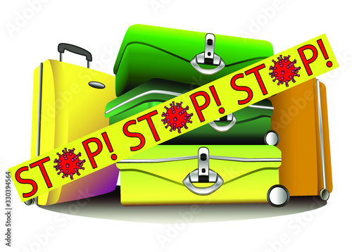 A group of suitcases with words stops on the tape. Tourism ban due to coronovirus.