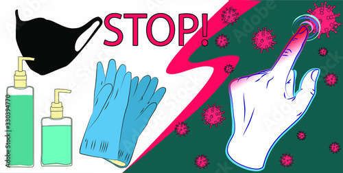 Vector illustration of antiviral remedies. Gloves, soap, antibacterial, face mask, hands, bacteria, inscription stop. Virus Prevention Concept.