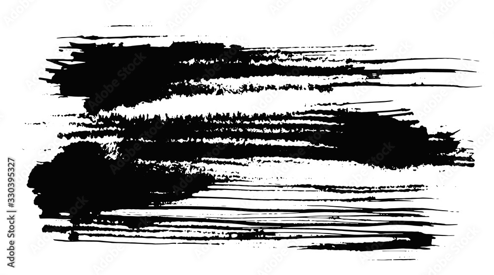 Abstract expressive horizontal textured black ink or watercolor lined stain with little dots and drops. Mysterious dynamic isolated inky brush stroke for texture design, background, banner decor
