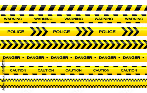 Vector set of restriction tapes, police line, crime scene investigation. Collection of danger caution stripes. © mariyapvl