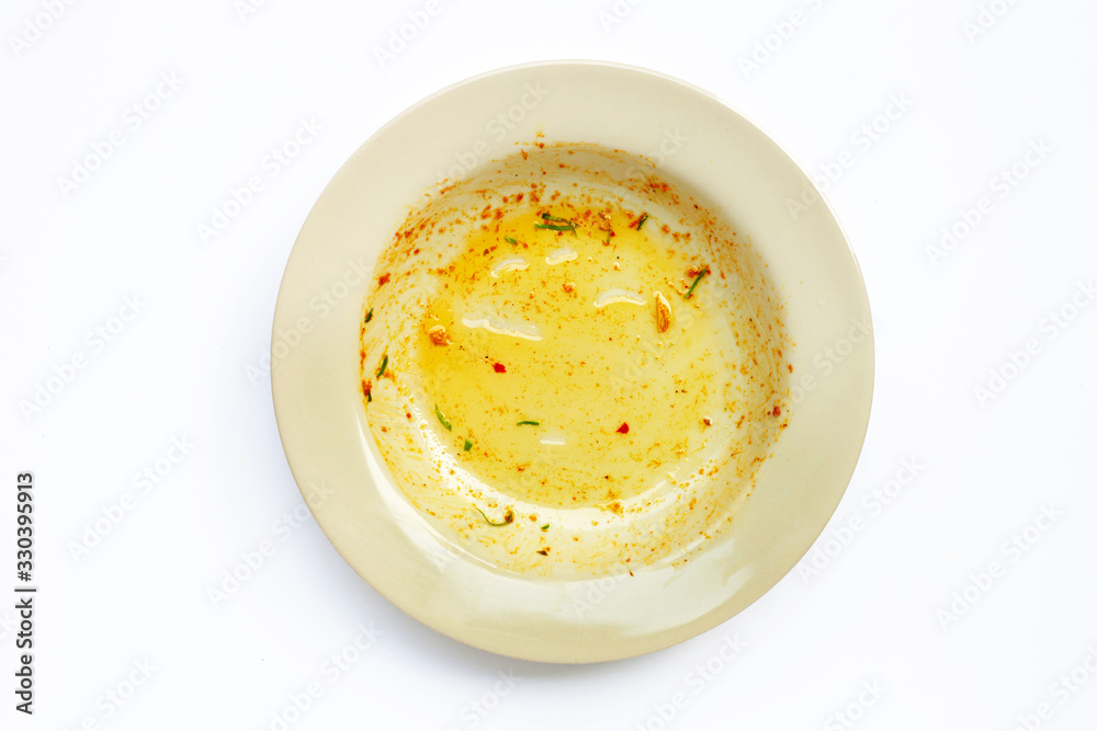 Dirty dish on white background. Top view, Dirty dish on white background. Top view,
