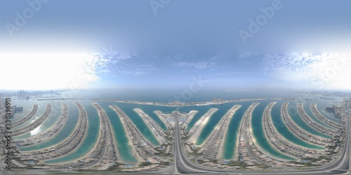 Aerial panoramic 360 degree view of the Palm Jumeirah island in Dubai, UAE