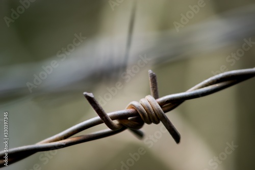 Barbed wire barrier war territory, roadblock quarantine on background.