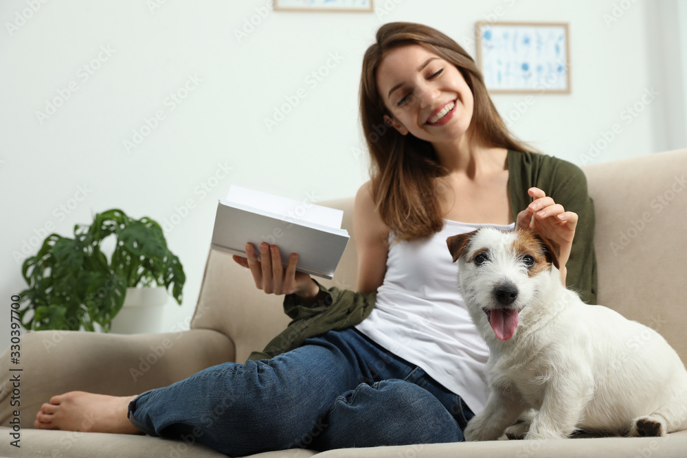 Young woman reading book and her cute Jack Russell Terrier on sofa at home. Lovely pet Young woman reading book and her cute Jack Russell Terrier on sofa at home. Lovely pet