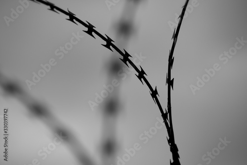 Barbed wire barrier war territory, roadblock quarantine on background. © venars.original