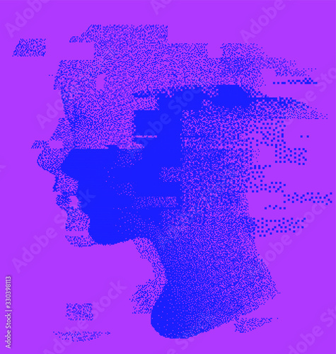 Human head made of particles with glitch art effect. Futuristic cyberpunk style vector illustration, concept of malware and computer viruses.