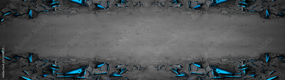 Frame made of black anthracite blue rustic peeled exfoliated painted cracked metal texture background banner, with space for text - obrazy, fototapety, plakaty 