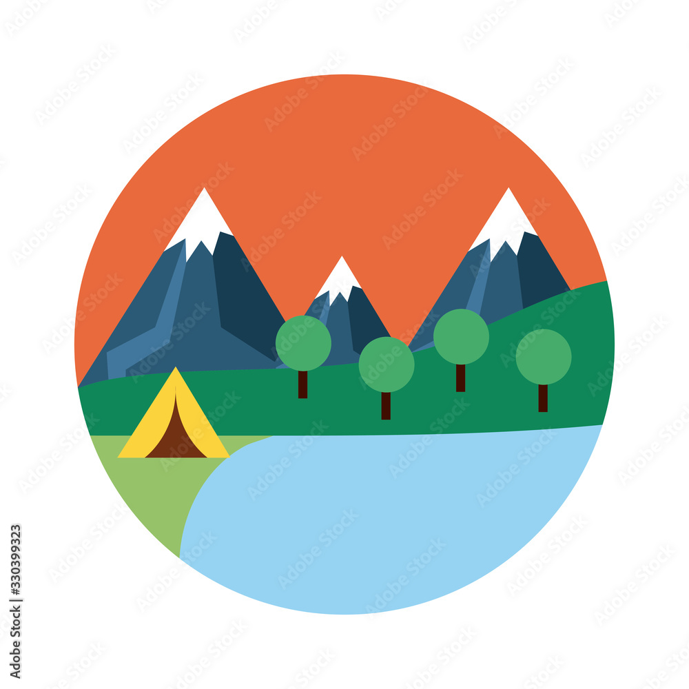 Fototapeta premium landscape scene with camping tent flat style icon