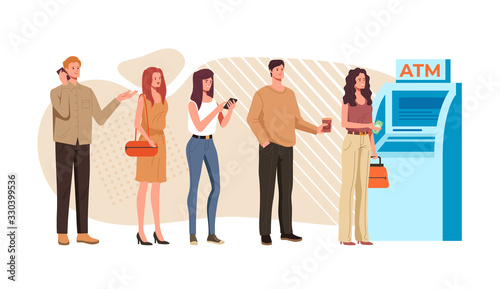 People characters waiting ATM line. Vector flat graphic design illustration