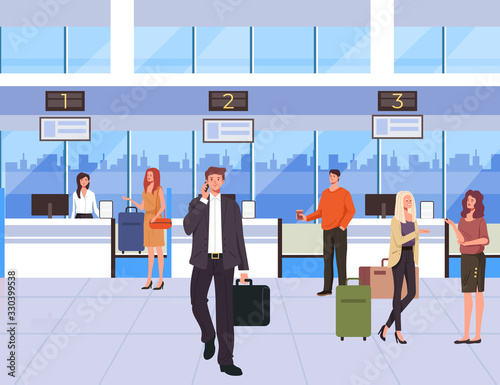 People travelers passengers waiting for boarding at airport. Vector flat graphic design illustration