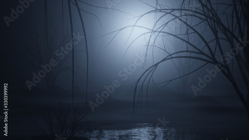 dark and foggy forest swamp 3d rendering illustration background
