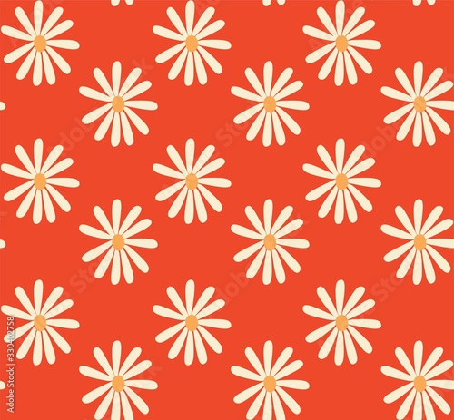 red and mustard 1970's groovy vintage retro floral daisies seamless vector pattern