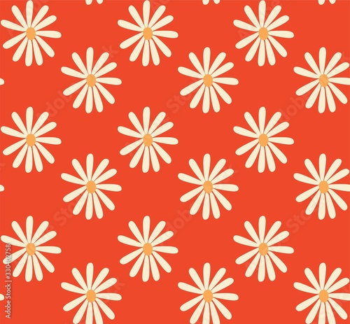 red and mustard 1970's groovy vintage retro floral daisies seamless vector pattern