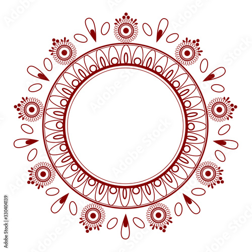Simple elegant oriental style floral mandala, kolam, rangoli, with copyspace in the centre. Dark-red concentric asian ornamental mehendi element isolated on white, template for prints, decor, tattoo