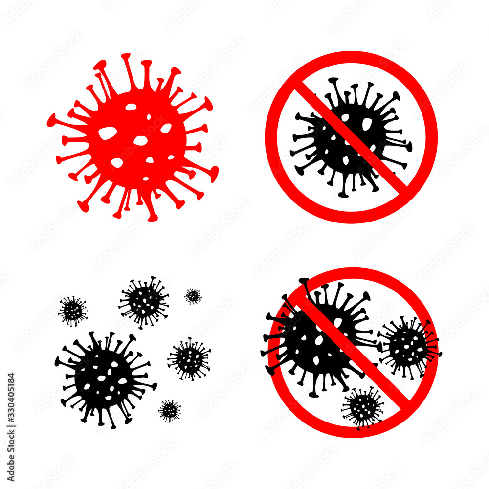 Fototapeta premium Set of 4 Dangerous Coronavirus red and black vector Icon. 2019-nCoV bacteria isolated on white background. COVID-19 Wuhan corona virus disease sign STOP pandemic concept symbol. Human health medical