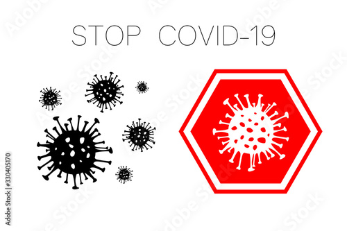 Set of Dangerous Coronavirus red and black vector Icon. 2019-nCoV bacteria isolated on white background. COVID-19 Wuhan corona virus disease sign STOP pandemic concept symbol. Human health and medical