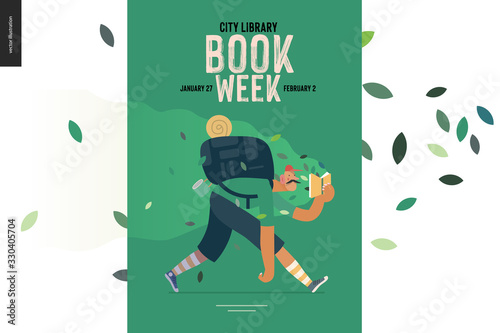 In the wood -world Book Day poster template -book week events. Modern flat vector concept illustrations of reading people -man with mustache, cap, snickers and backpack in the forest reading a book