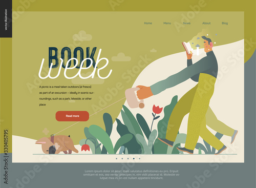 World Book Day graphics, dog walk web template, book week events. Modern flat vector concept illustrations of reading people -a man reading a book with enthusiasm, walking a bulldog pulling a leash