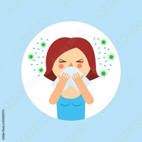 Cartoon girl with a runny nose. A woman with a handkerchief sneezes, splashes and germs fly around. Flu, viral disease. Vector