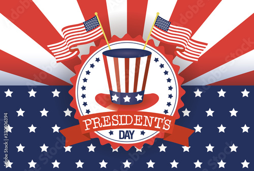 presidents day poster with usa tophat and flags