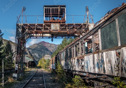 Closeup shot of an abandoned old railway station in Canfranc Spain under a blue clear sky