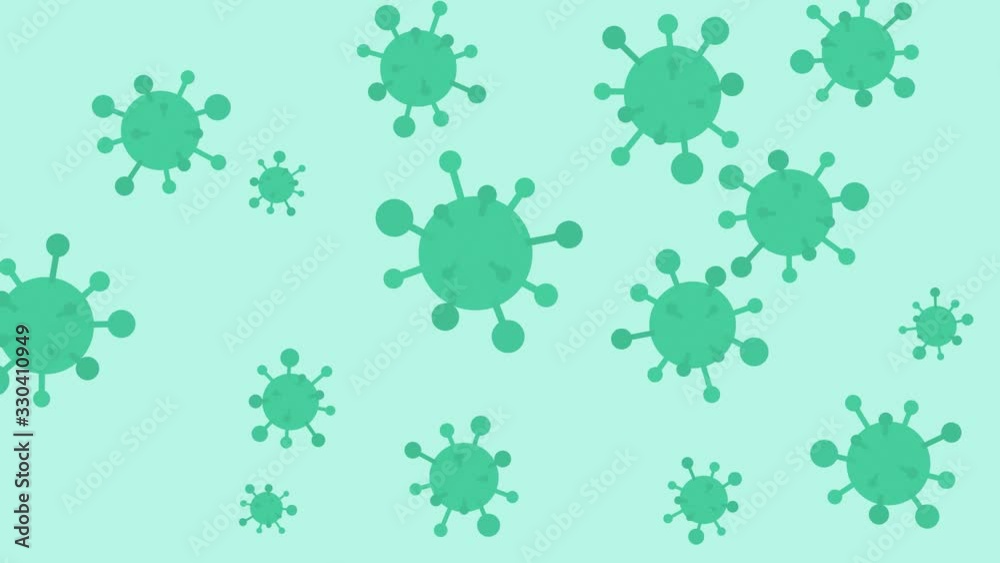 Animation of green, abstract virus structures floating around against a green background and slowly disappearing ir being eradicated. Viruses are a flat design that appear to be coronavirus.