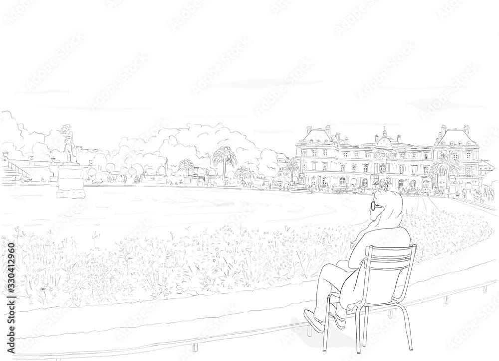 Hand drawn illustration. A young woman enjoys relaxing at Luxembourg Gardens in Paris, France.