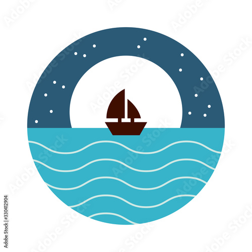 sea scape scene with moon and sailboat flat style icon