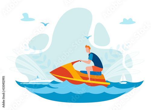 Holidaymaker Riding Jet Ski Flat Vector Character. Sea Resort, Summer Entertainment Idea for Tourists. Young Man on Water Scooter, Extreme Sport and Hobby. Guy on Jetski Vehicle Skiing