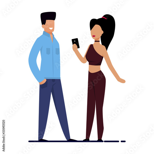 Flat Male and Female Night Club Visitors Standing Isolated on White. Cartoon Man and Woman Characters, Couple in Love. Lady in Casual Clothes and with Makeup Making Selfie. Vector Illustration