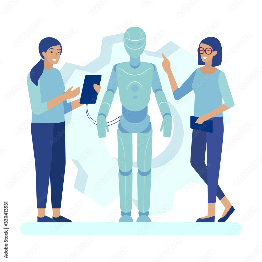 Female Scientists Characters Programming Robot with Artificial Intelligence. Women Using Digital Device and Robotics Hardware and Software Coding Cybernetic Brain. Flat Cartoon Vector Illustration Female Scientists Characters Programming Robot with Artificial Intelligence. Women Using Digital Device and Robotics Hardware and Software Coding Cybernetic Brain. Flat Cartoon Vector Illustration