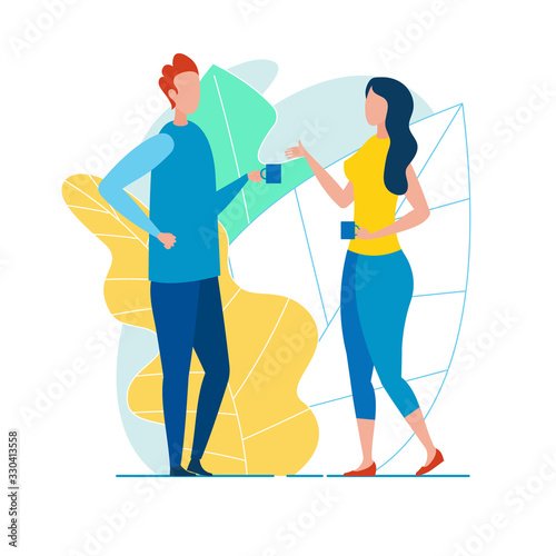 Two Young Creative Colleagues, Man and Woman, Dressed Casual, Feeling Informal, Discussing Work, Colleagues or Office Rumors, During Short Break with Tea or Coffee Cups in Their Hands