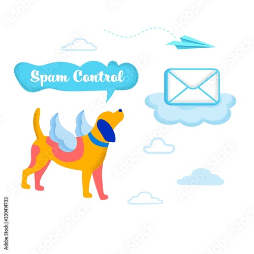 Informative Poster Modern Spam Control Cartoon. Flat Banner E-mail Marketing Encourages Sharing Information. Dog with Wings Looks at Letter Flying Away to Sky. Vector Illustration.