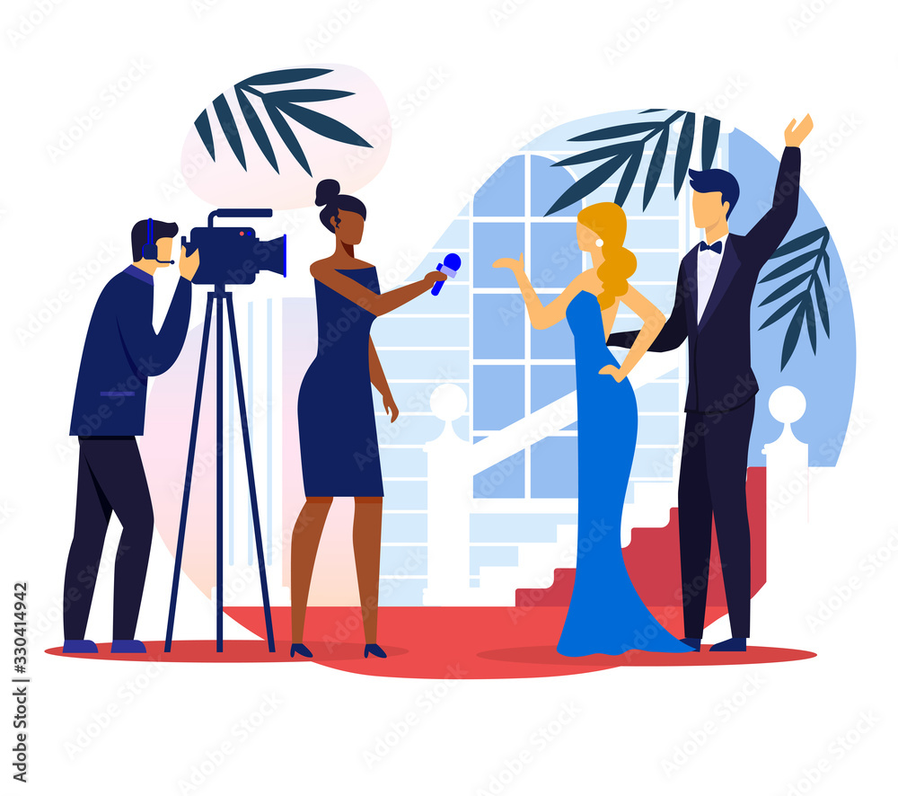 Luxurious Event Reportage Vector Illustration. Famous Happy Couple and ...