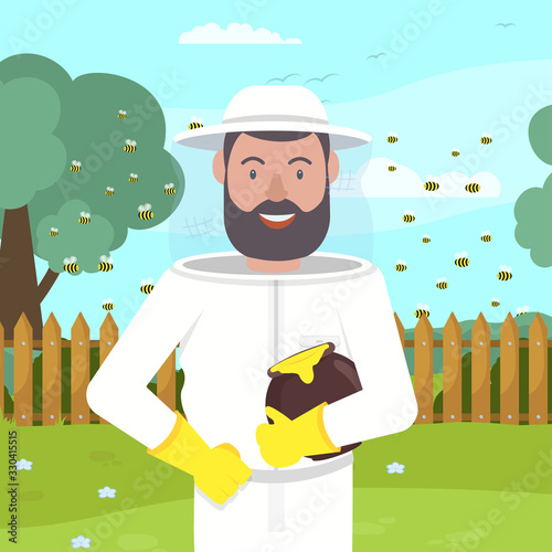 Beekeeper in Protective Suit with Pot Honey in Hand. Beemaster at Spiary. Produce Honey. Apiary on Background Forest. Vector Illustration. Hobby Beekeeping. Natural Honey. Man in Bee Protection Mask.