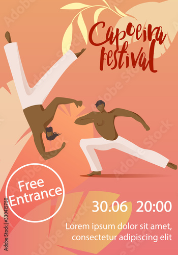 Flat Festival Capoeira Free Entrance 30.06 20:00. Men Engage in Traditional Sports Brazil. Event Invitation Poster. Vector Illustration. Elements Dance and Acrobatics, National Music.