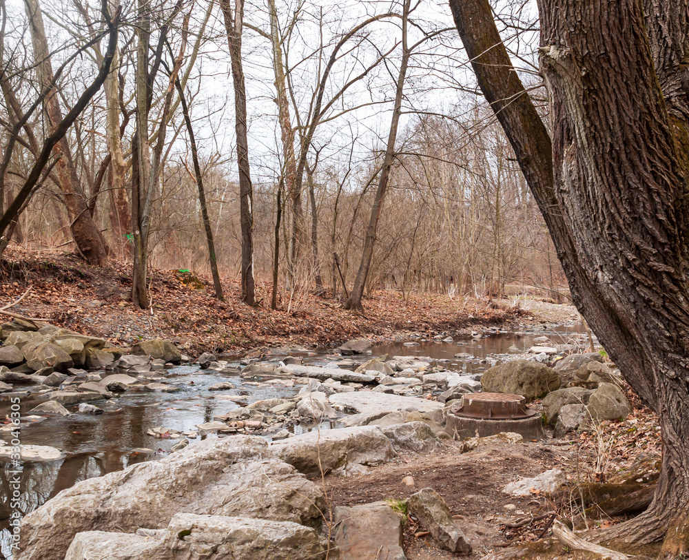 Nine Mile Run creek in Frick Park on a winter day in Pittsburgh, Pennsylvania, USA. Nine Mile Run creek in Frick Park on a winter day in Pittsburgh, Pennsylvania, USA.