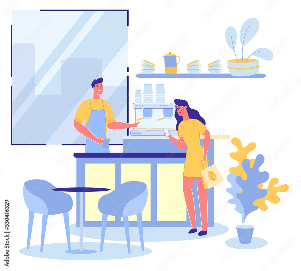 Cute Woman Orders Coffee Mug in Coffee Shop or Espresso Bar and Friendly Hospitable Barista stands at Cafe Counter. Vendor and Customer in Cafeteria Interior with Furniture. Flat Vector Illustration.