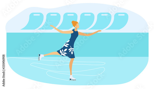 Woman Figure Skating at Sports Ice Arena Flat Cartoon Vector Illustration. Beautiful Female Character in Dress. Attractive Cute Girl Skater Actress Performing Dance on Frozen Surface.