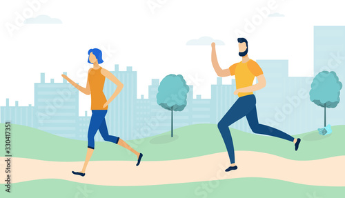 Couple Running around in Park Flat Cartoon Vector Illustration. Man and Woman Doing Fitness Exercises. Morning Jogging. Active and Healthy Lifestyle Outdoor on Cityscape Background.