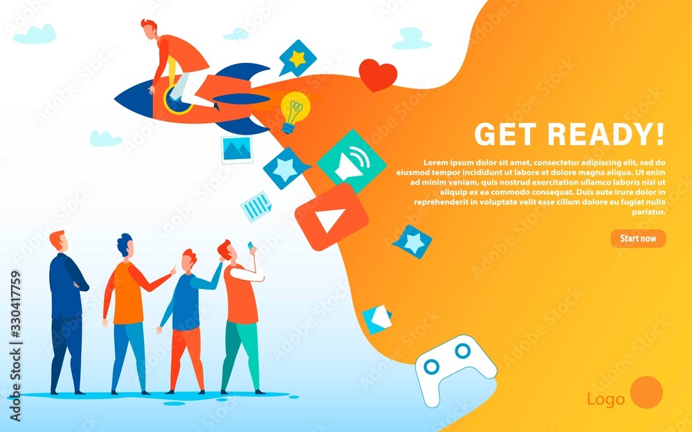 Get Ready Motivate WOM Marketing Landing Page. Cartoon People Group and Team Leader on Rocket. Social Network. Vector Advertising Banner with Place for Company Logo and Action Button Illustration