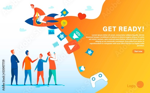 Get Ready Motivate WOM Marketing Landing Page. Cartoon People Group and Team Leader on Rocket. Social Network. Vector Advertising Banner with Place for Company Logo and Action Button Illustration