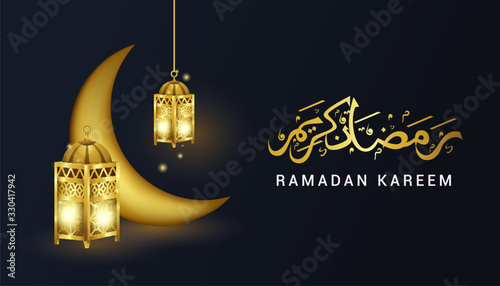 modern ramadan kareem on black background with gold lantern, moon and calligraphy ornament vector illustration photo