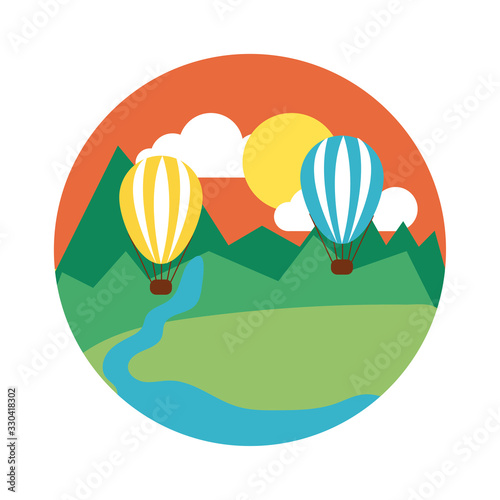 landscape scene with balloon air hot flat style icon
