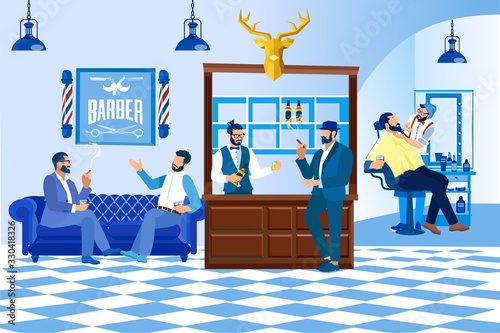 Barber Doing Client Haircut in Men Beauty Salon Barbershop. Customers Waiting on Couch Drinking Alcohol and Smoking Cigars, Interior Decoration with Chairs, Bar Desk, Cartoon Flat Vector Illustration