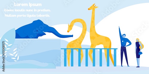 Flat Banner Advertising Exciting Zoo Excursion. Wild Animals Standing in Aviary behind Fence in Captivity. Male Guide Showing Elephant and Giraffes to Woman Visitor. Vector Cartoon Illustration