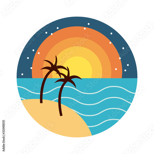 sea scape scene with palms flat style icon