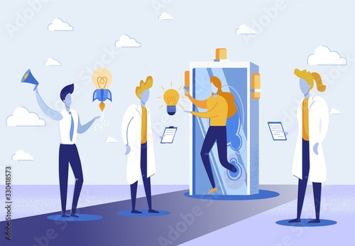 Flat Flyer People come to Choice Ideas Logically. People in Office Select and Combine Best Ideas. Man Holds Megaphone, Girl Presents Light Bulb to People in White Coats. Vector Illustration.