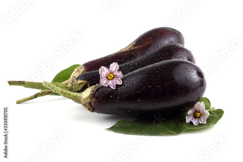 Eggplants, leaves and flowers